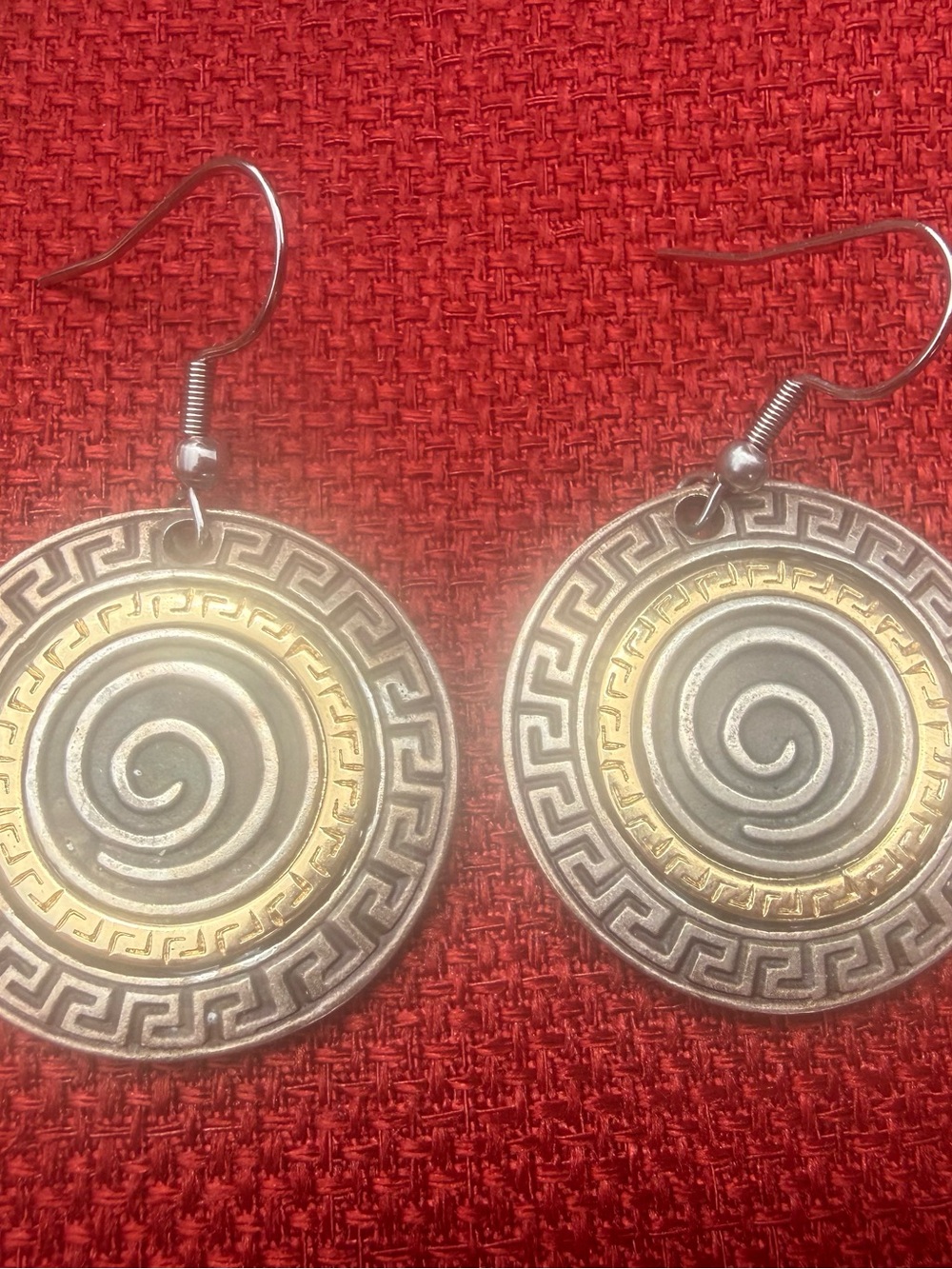 Greek Meander & Spiral Drop 1” Earrings - Two-Tone Gold/Silver Greece